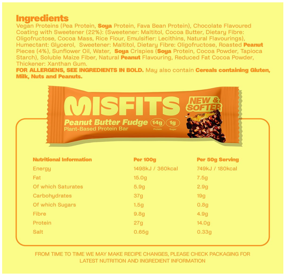 Misfits Plant-Based Protein Bar 15x50g Peanut Butter Fudge