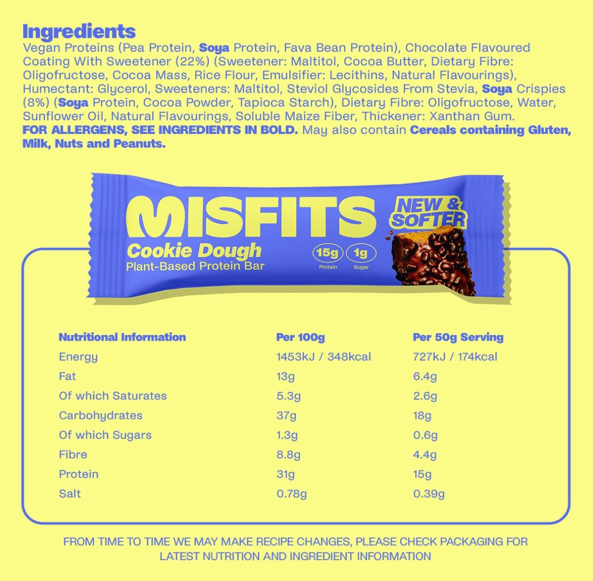 Misfits Plant-Based Protein Bar 15x50g Cookie Dough
